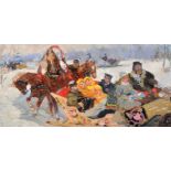 Mikhail Filippovich Volodin (1912-1987) Russian. "Troika", Figures in a Sledge with Horses in the