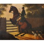 19th Century English School. Huntsman Jumping a Gate with a Spaniels at his side, Oil on Canvas, 9.