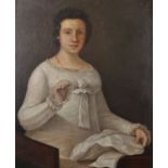 Early 19th Century English School. Portrait of a Lady Dressed in White Sewing, Oil on Canvas laid