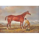 20th Century English School. Study of a Horse and Jockey in a Landscape, Oil on Panel, 5" x 6.75".