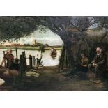 19th Century English School. Figures by a River with a Church in the Distance and Figures on a