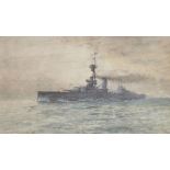 Nigel B... Severn (19th-20th Century) British. "H.M.S. Orion", The Dreadnought Battleship on Calm