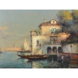 Noel Georges Bouvard (1912-1975) French. Gondolas by a Villa off the Grand Canal, Venice, Oil on