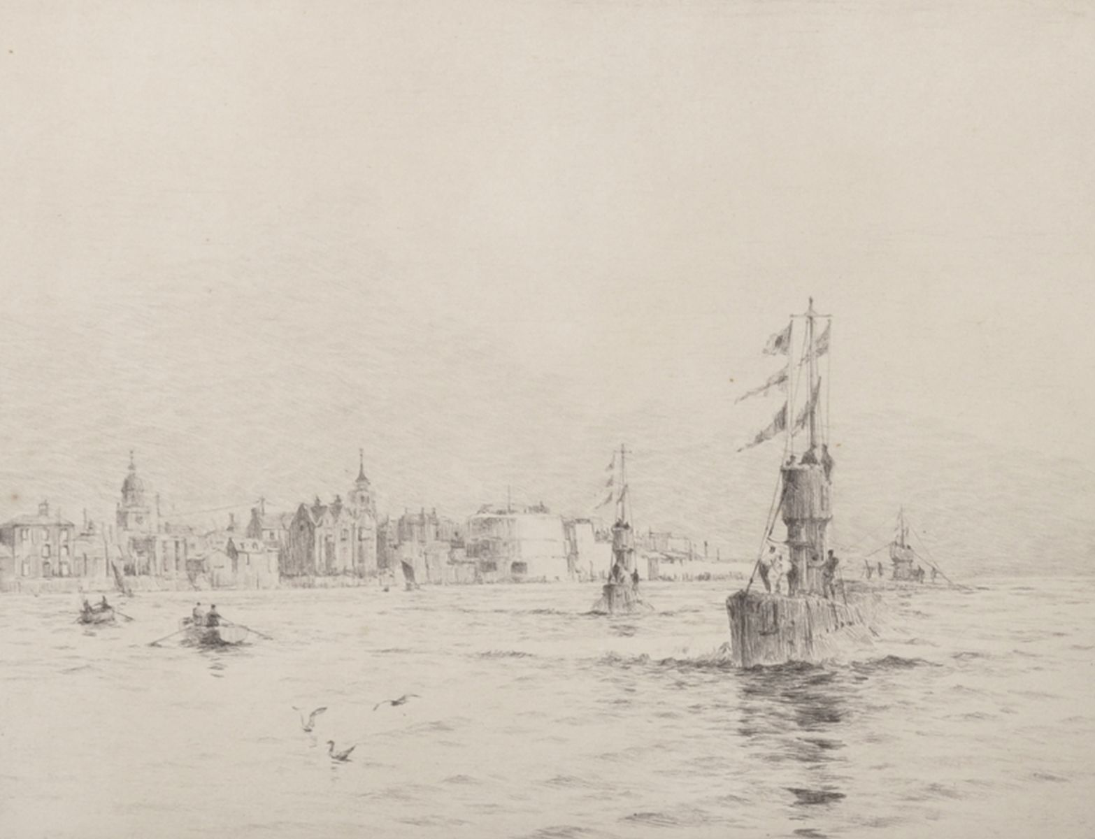 Rowland Langmaid (1897-1956) British. "Entering Portsmouth", Etching, Signed and Inscribed in