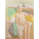 Tom Espley (1931-2016) British. "Nude with Yellow Cloth", Oil on Board, Inscribed on reverse, 10.