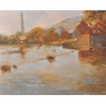 Eileen James (20th Century) British. A River Landscape with a Weir by a Mill and Factory