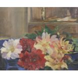 20th Century English School. A Still Life of Flowers on a Table, Oil on Board, in a Carved