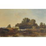 Attributed to George Cole (1810-1883) British. A Tranquil River Landscape, with figures in a Punt,