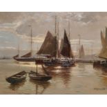 Adolf Rheinert (1880-1958) German. Fishing Boats in a Harbour, Oil on Board, Signed, 23.5" x 31.5".