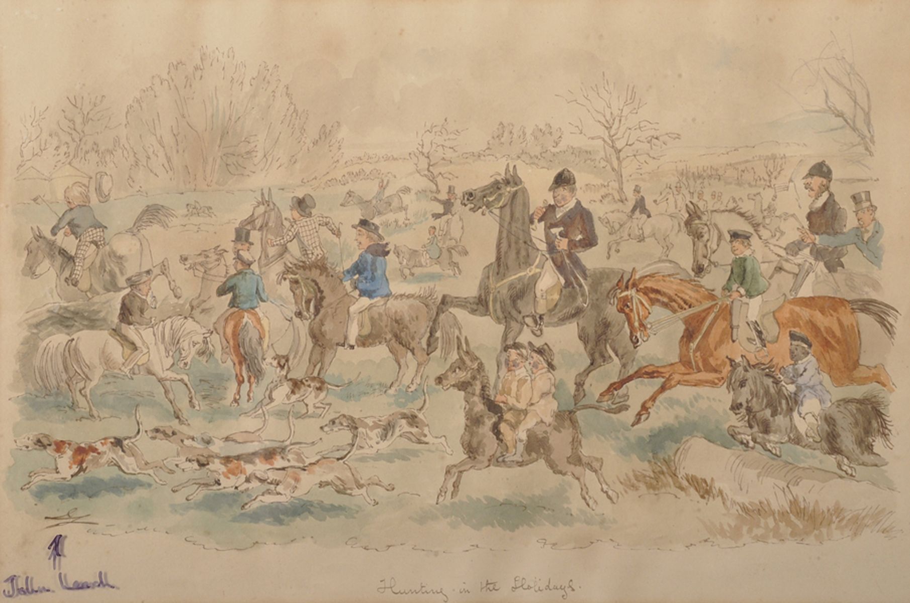 After John Leech (1817-1864) British. "Hunting in the Holidays", Coloured Print, 12" x 17.75".