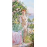 Konstantin Razumov (1974 ) Russian. "Nude in the Flower Garden", Standing in a Coastal Landscape,