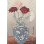 Yoshirjiro (Mokuchu) Urushibara (1888-1953) Japanese. "Carnations", Woodblock, Signed and