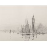 Rowland Langmaid (1897-1956) British. "Barges on the Thames before Westminster", Etching, Signed