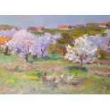 Viktor Kirillovich Gaiduk (1926-1992) Russian. "A Spring Tenderness", Trees in Blossom in a Field