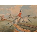 19th Century English School. Huntsmen taking a Ditch, Watercolour, Signed with Initials 'WCGK' and