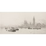 Rowland Langmaid (1897-1956) British. "The Houses of Parliament", with Boats in the foreground,