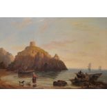 James Wilson Carmichael (1800-1868) British. A Coastal Scene with a Hilltop Fortification, Figures