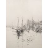 Rowland Langmaid (1897-1956) British. "Thames Scene with Barges", Etching, Signed in Pencil and with