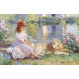 Konstantin Razumov (1974 ) Russian. "Little Girl and her Dog near the Water", Oil on Canvas, Signed,