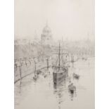 Rowland Langmaid (1897-1956) British. "Thames Embankment with St Paul's", Etching, Signed in