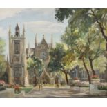 Max Hofler (1892-1963) British. "Westminster Abbey", with Figures in the Foreground, Oil on Board,