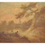 After George Morland (1763-1804) British. Figures on a Horse beside a Cottage on a Country Road, Oil