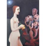 20th Century English School. A Naked Woman Knitting Watching Skeletons, Oil on Canvas, Unframed,