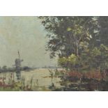 Early 20th Century Dutch School. A River Landscape with a Windmill in the Distance, Oil on Panel,