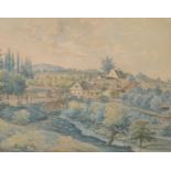 19th Century Continental School. A River Landscape with Elegant Figures in the distance,