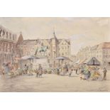 Gerard Barthelemy (1927-2016) French. A Market Scene in a Continental Square, Watercolour, Signed,