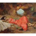 Early 20th Century Spanish School. An Elegant Young Beauty reclining in a Cavern, a Seascape beyond,