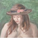 Tom Espley (1931-2016) British. "Amanda Brown Hat", Oil on Canvas, Inscribed on reverse, 9" x 9",