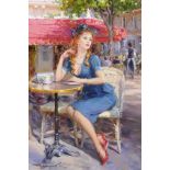 Konstantin Razumov (1974 ) Russian. "Parisian Beauty", A Lady in a Blue Dress sitting outside a Caf,