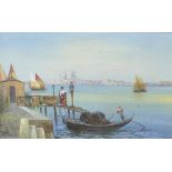 20th Century Italian School. A Lake Scene with Figures by a Gondola in the Foreground, Gouache,