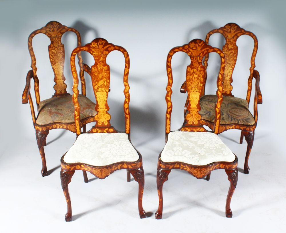 A GOOD PAIR OF 18TH CENTURY DUTCH MARQUETRY ARMCHAIRS AND MATCHING PAIR OF SINGLE CHAIRS, with