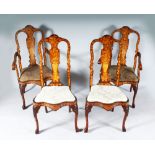 A GOOD PAIR OF 18TH CENTURY DUTCH MARQUETRY ARMCHAIRS AND MATCHING PAIR OF SINGLE CHAIRS, with
