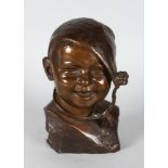 PIETRO PIRAINO (1878-1950) MIO BAMBINA. A BRONZE SCULPURE OF A BABY wearing a bonnet. Signed and