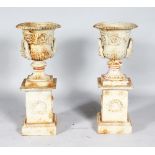 A SMALL PAIR OF WHITE PAINTED URN SHAPED VASES ON STANDS. 2ft 3ins high.