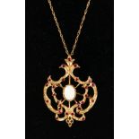 A 9CT GOLD, OPAL AND RUBY SET PENDANT AND CHAIN, (with brooch fitting).