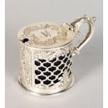 A VICTORIAN MUSTARD POT, with engraved cover, pierced and embossed body. Maker: SHDC. London 1840.