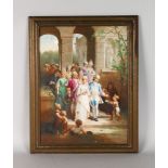 A TWO-SIDED CONTINENTAL PORCELAIN PLAQUE, "The Christening and The Wedding". 15ins x 12ins.