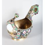 A SUPERB LARGE RUSSIAN SILVER AND ENAMEL KOVSH, 23cms long, 18cms high, the front with an enamel