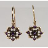 A PAIR OF 9CT GOLD, AMETHYST AND PEARL DROP EARRINGS.