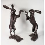 A LARGE PAIR OF BRONZE BOXING HARES. 29ins high.