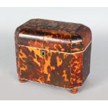 A LARGE REGENCY TORTOISESHELL TWO-DIVISION TEA CADDY on four turned legs. 7.5ins long x 6ins high.