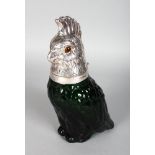A SILVER PLATED GREEN GLASS PARAKEET CLARET JUG with plated head and glass eyes.