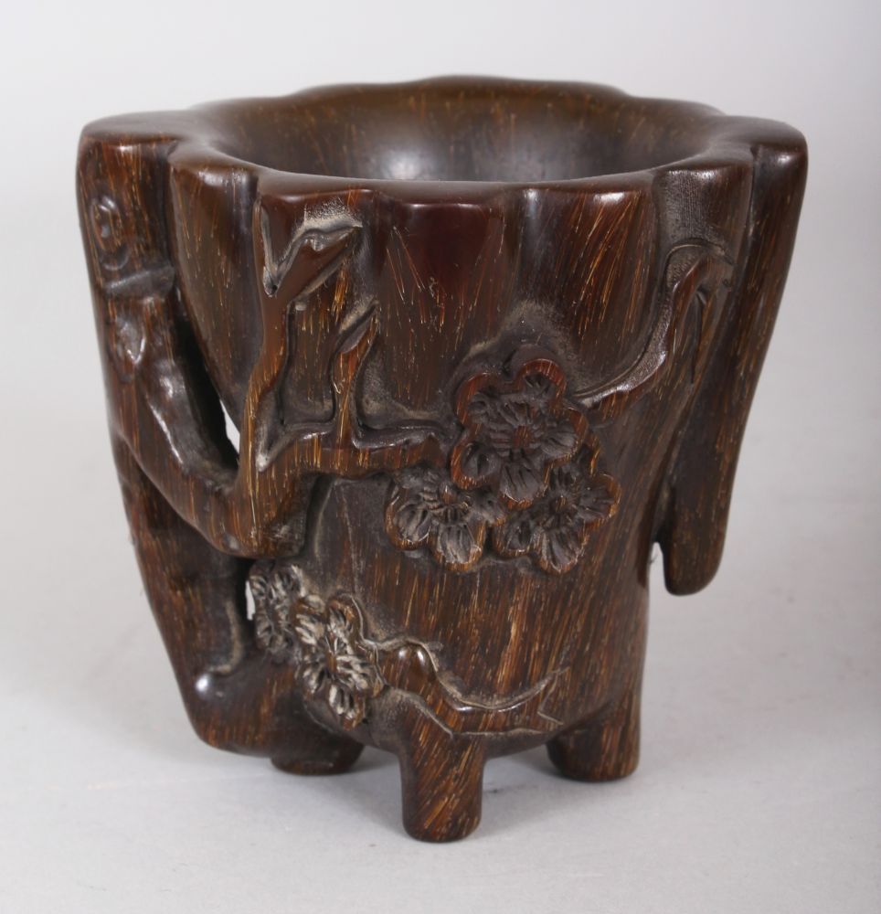 A CHINESE HORN-STYLE CUP, decorated in relief with sprigs of plum blossom, 4.4in high. - Image 3 of 7
