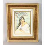 AN ARABIC PAINTING OF A SEATED YOUNG LADY on ivorine. Signed. Image 7ins x 5ins, in a mosaic frame.