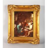 A GERMAN GILT FRAMED PORCELAIN PLAQUE, "The Card Game". 23cms x 17cms.