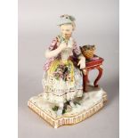 A 19TH CENTURY MEISSEN GROUP OF THE SENSES, a lady sitting beside a table with roses. Cross swords